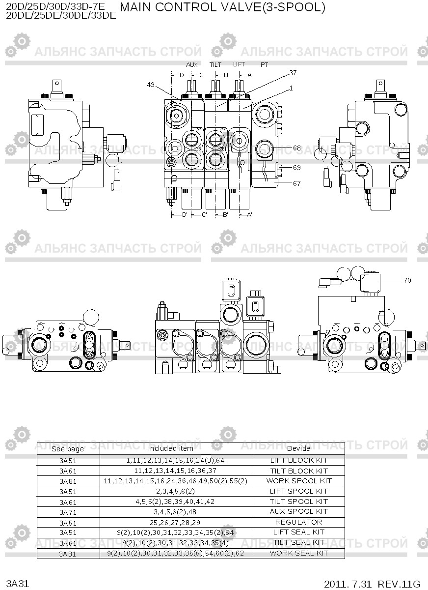3A31 MAIN CONTROL VALVE(3-SPOOL, NEW) 20D/25D/30D/33D-7E, Hyundai