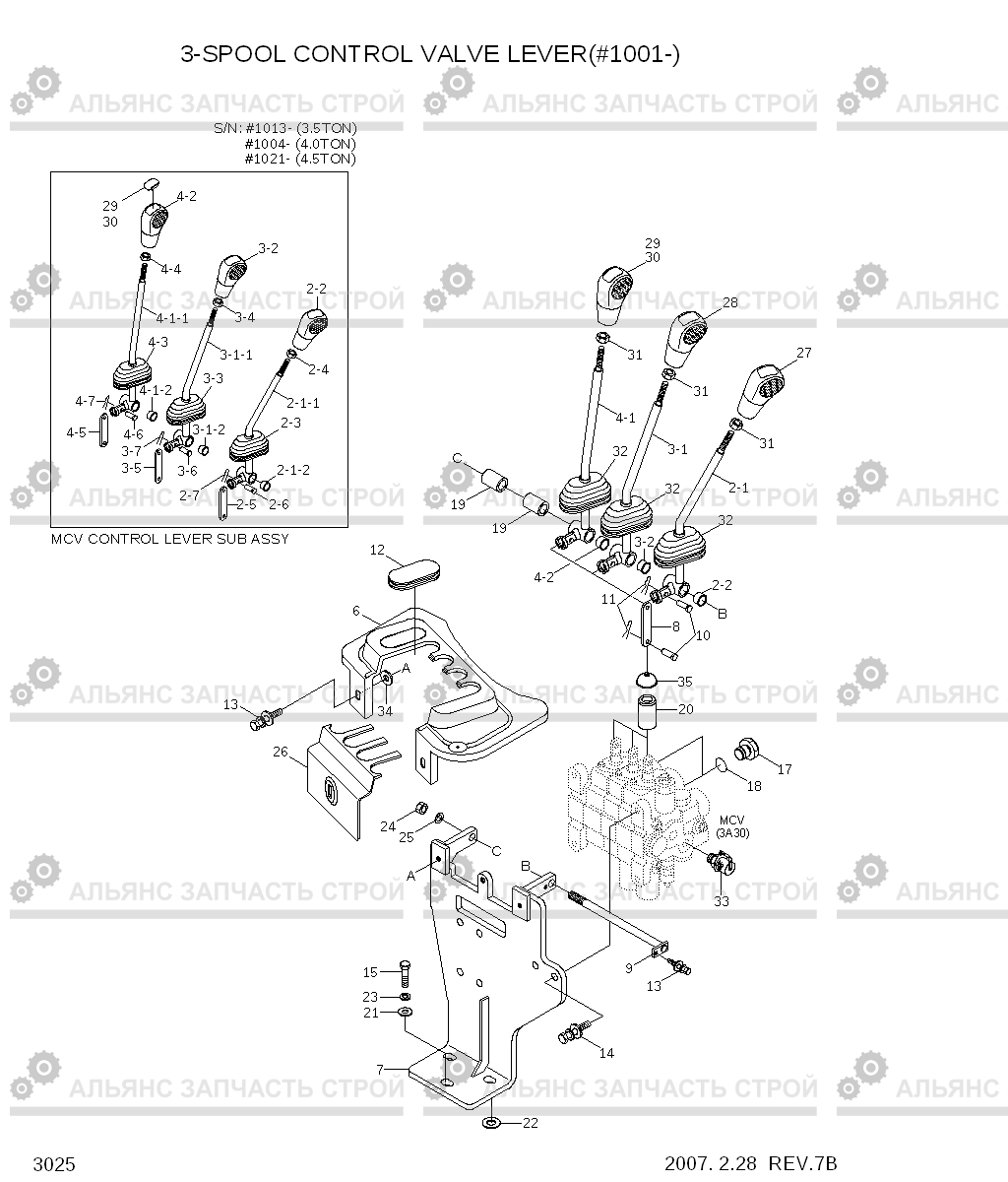 3025 3-SPOOL CONTROL VALVE LEVER(#1001-) 35D/40D/45D-7, Hyundai