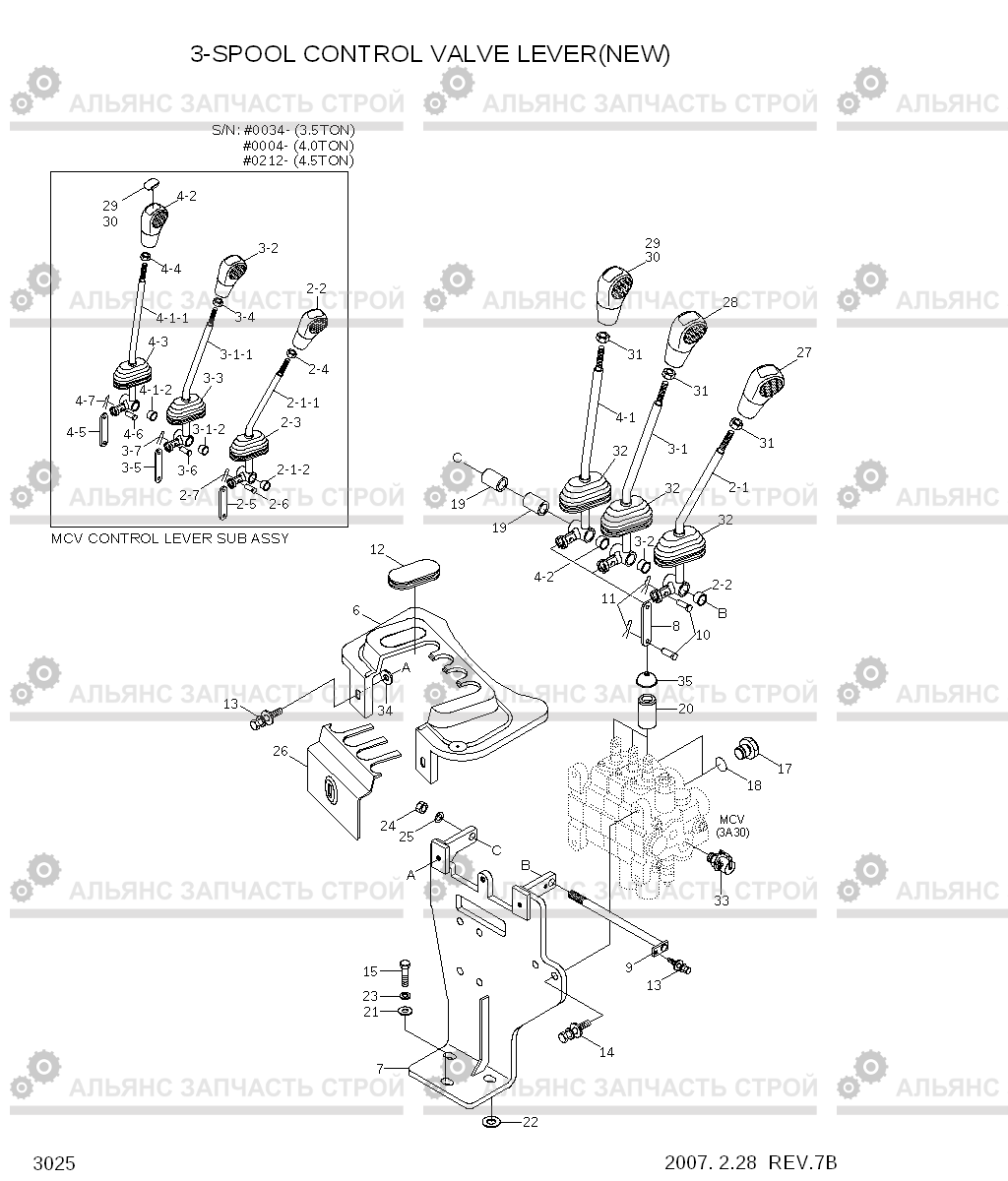 3025 3-SPOOL CONTROL VALVE LEVER(NEW) 35DS/40DS/45DS-7, Hyundai