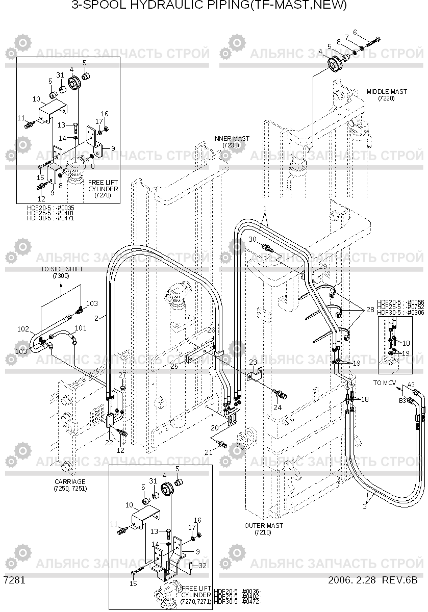 7281 3-SPOOL HYDRAULIC PIPING(TF-MAST,NEW) HDF20/25/30-5, Hyundai