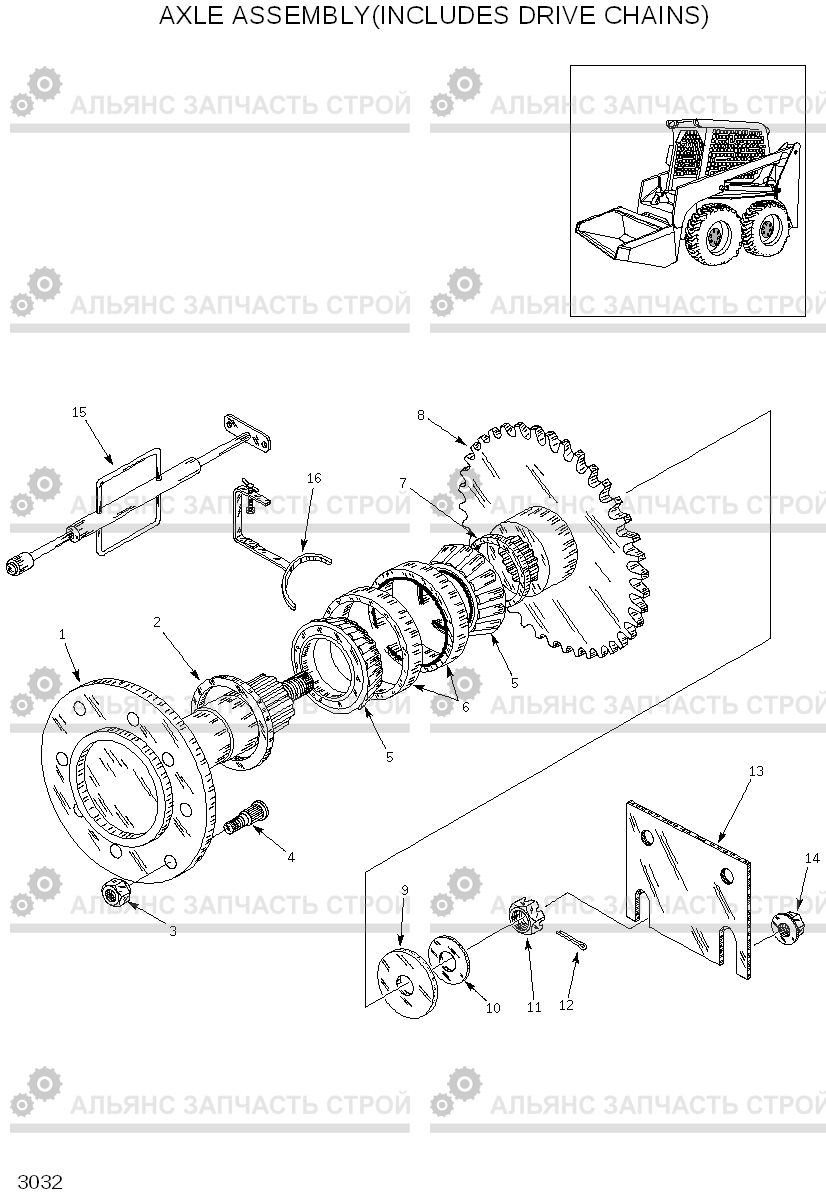 3032 AXLE ASSEMBLY(INCLUDES DRIVE CHAINS) HSL800T, Hyundai
