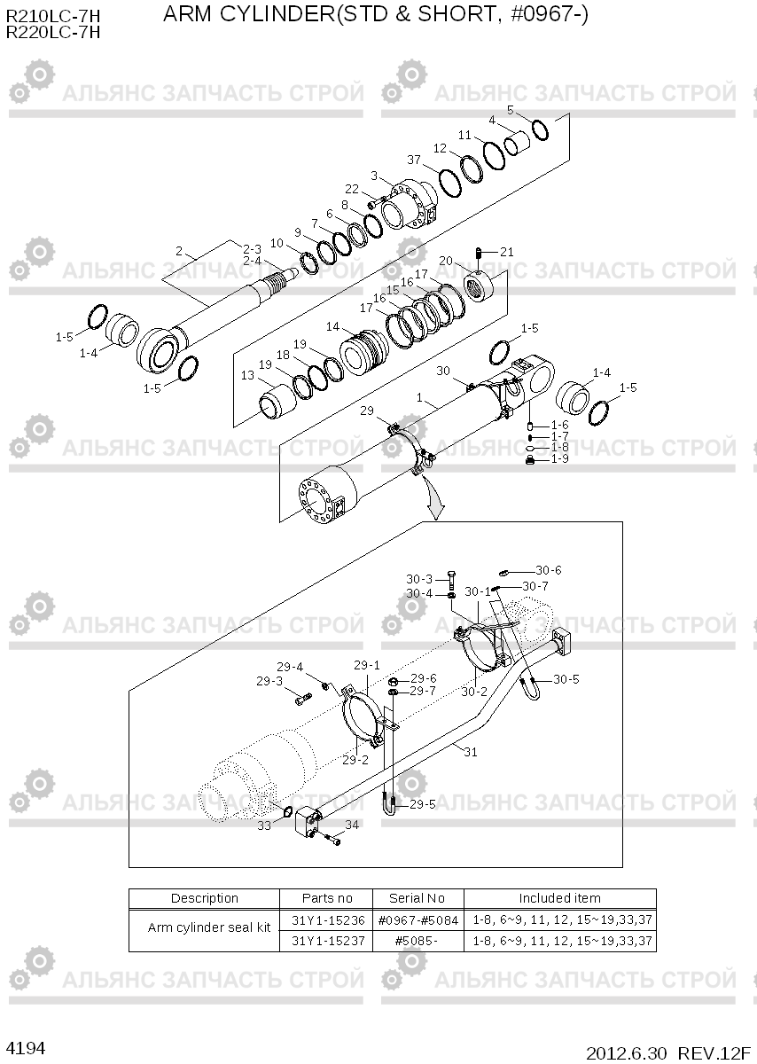 4194 ARM CYLINDER(STD & SHORT, #0967-) R210/220LC-7H, Hyundai