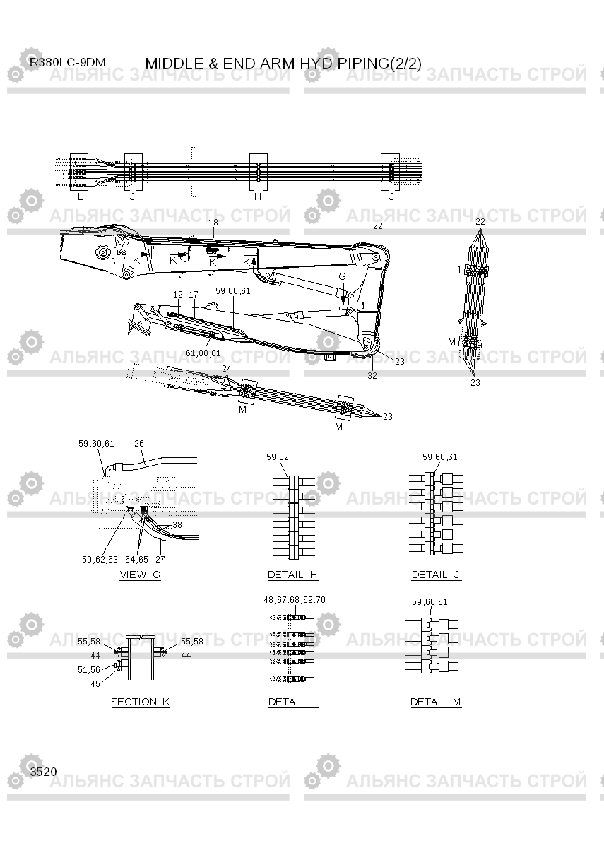 3520 MIDDLE & END ARM HYD PIPING(2/2) R380LC-9DM, Hyundai