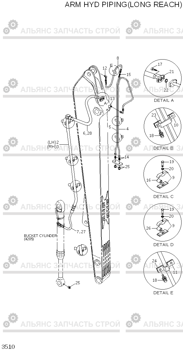 3510 ARM HYD PIPING(LONG REACH) R210LC-7H(#9001-), Hyundai